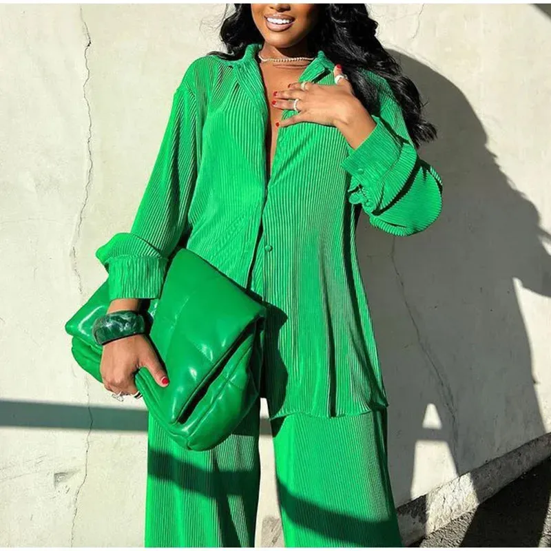 Pleated Solid Color Long Sleeve Wide Leg Pants Suits