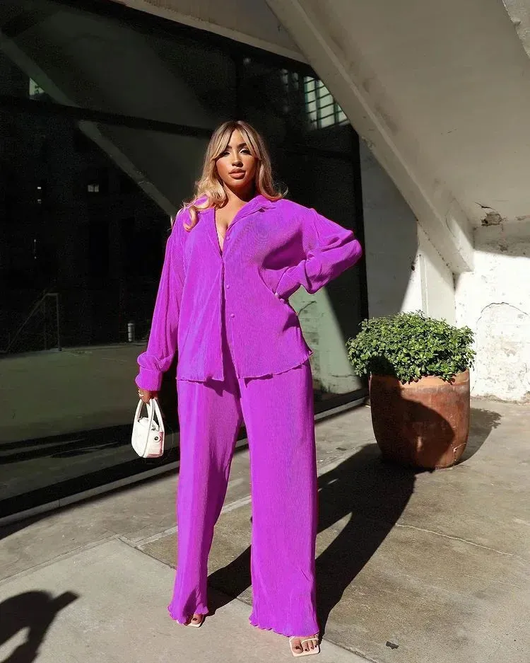 Pleated Solid Color Long Sleeve Wide Leg Pants Suits