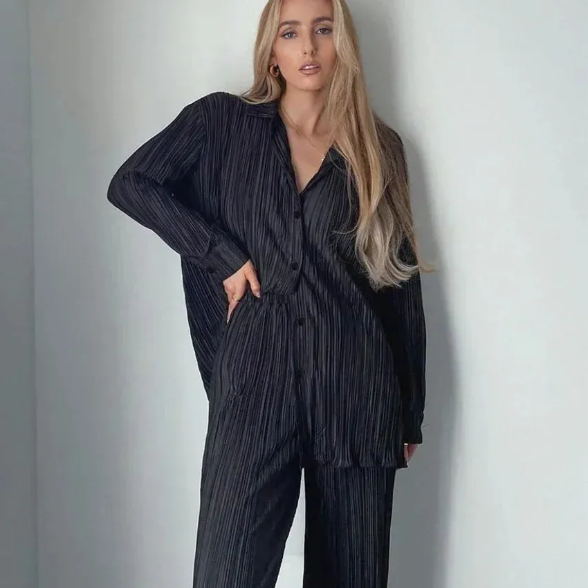 Pleated Solid Color Long Sleeve Wide Leg Pants Suits