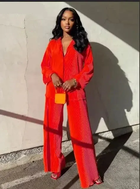 Pleated Solid Color Long Sleeve Wide Leg Pants Suits