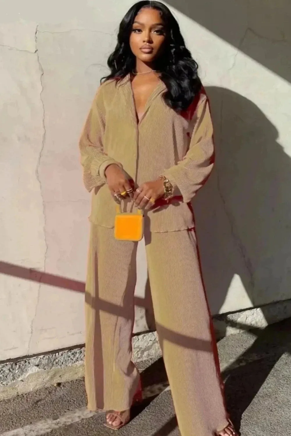 Pleated Solid Color Long Sleeve Wide Leg Pants Suits