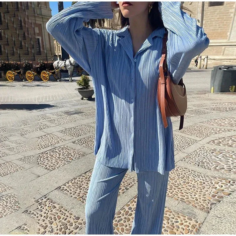 Pleated Solid Color Long Sleeve Wide Leg Pants Suits