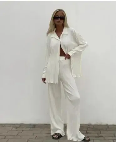 Pleated Solid Color Long Sleeve Wide Leg Pants Suits