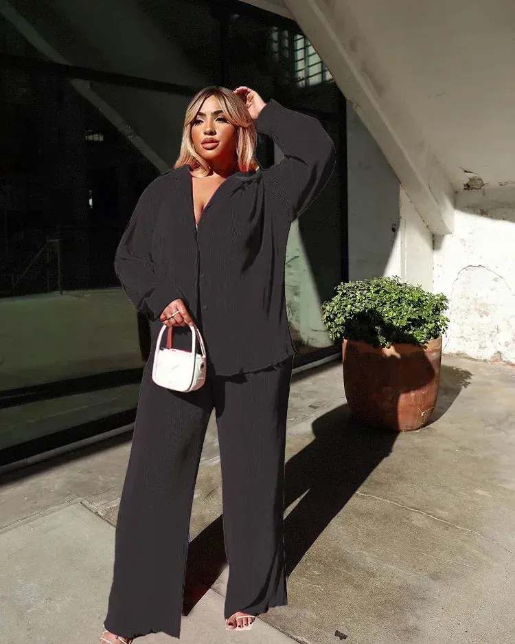 Pleated Solid Color Long Sleeve Wide Leg Pants Suits