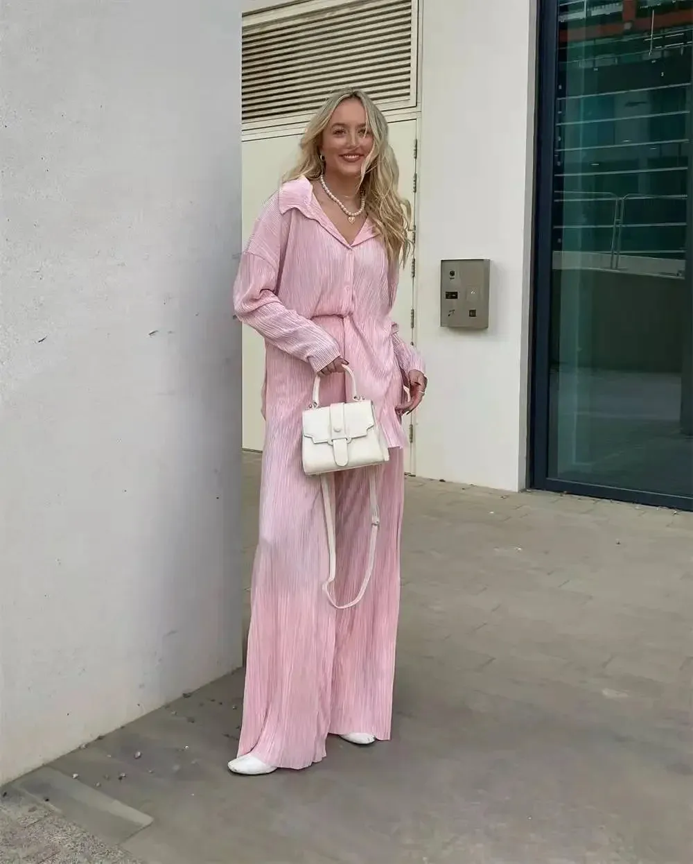 Pleated Solid Color Long Sleeve Wide Leg Pants Suits