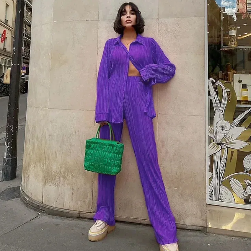 Pleated Solid Color Long Sleeve Wide Leg Pants Suits