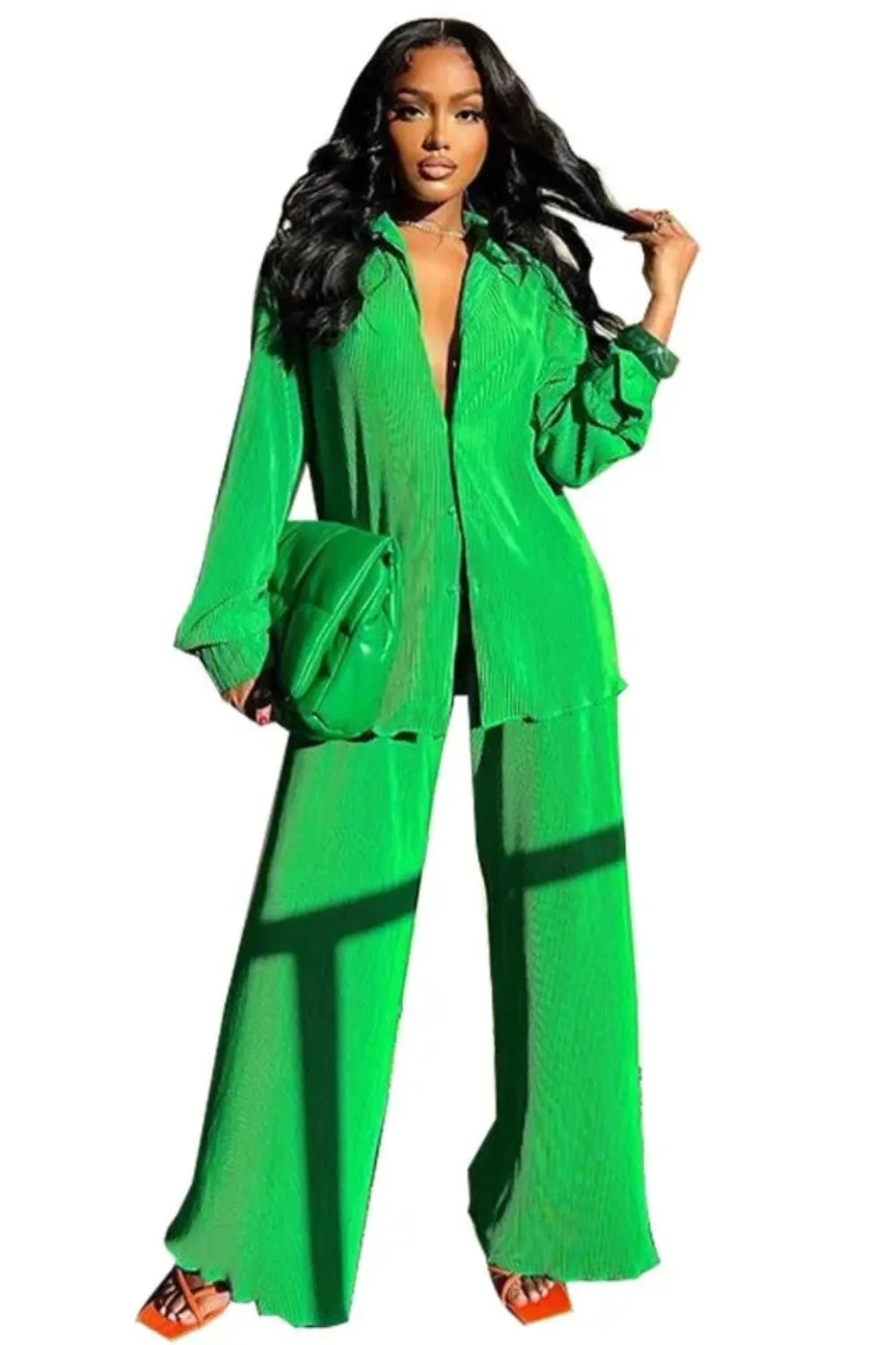 Pleated Solid Color Long Sleeve Wide Leg Pants Suits
