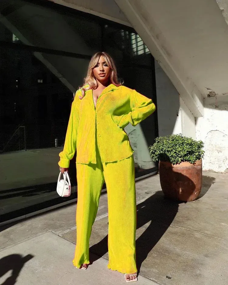 Pleated Solid Color Long Sleeve Wide Leg Pants Suits