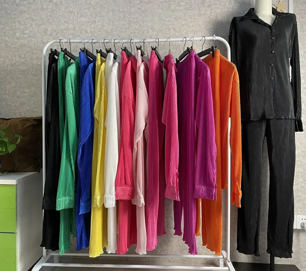 Pleated Solid Color Long Sleeve Wide Leg Pants Suits