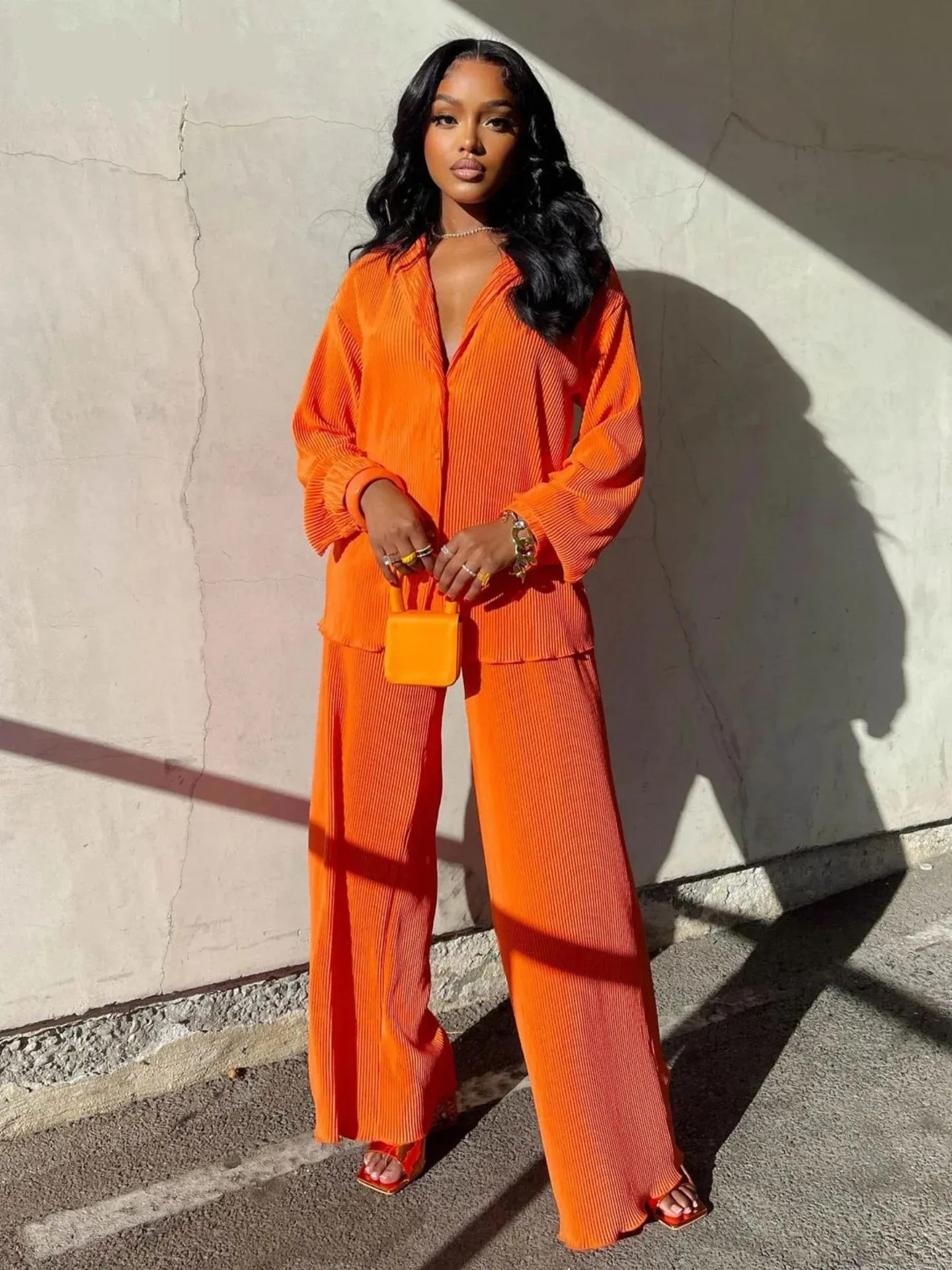 Pleated Solid Color Long Sleeve Wide Leg Pants Suits