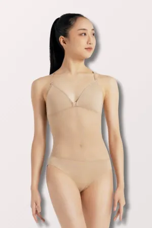 Plunge Neck Mesh Midriff Leotard - Nude