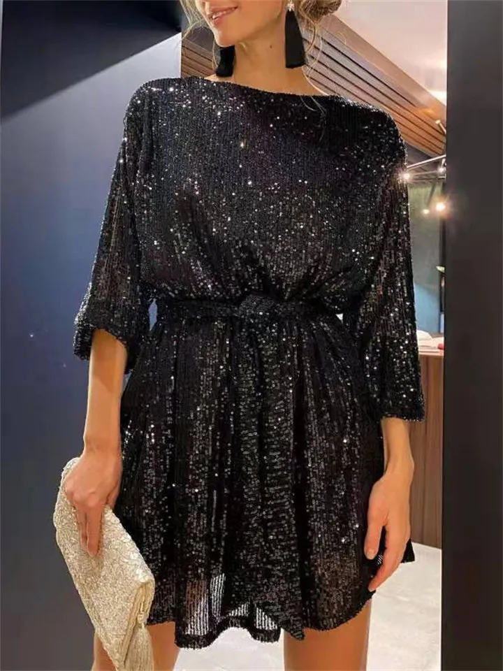 Pretty Shiny Beaded Crew Neck Lantern Sleeve Women's Cocktail Dress