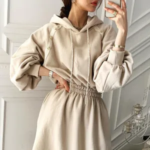 Puff Sleeve Hooded Hoodies Sweatshirts Coat Midi Dresses