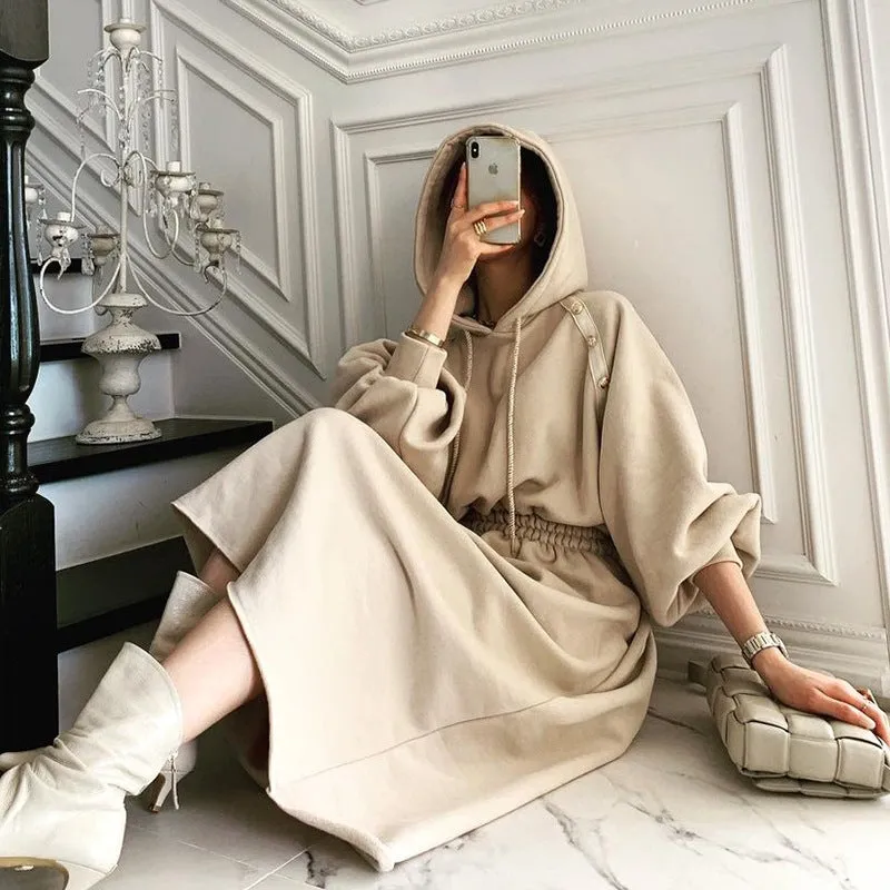 Puff Sleeve Hooded Hoodies Sweatshirts Coat Midi Dresses