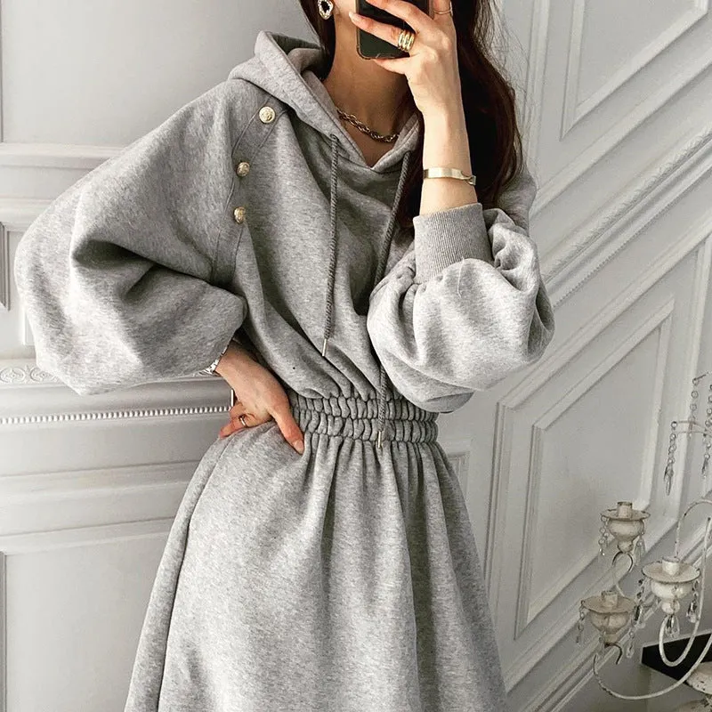 Puff Sleeve Hooded Hoodies Sweatshirts Coat Midi Dresses