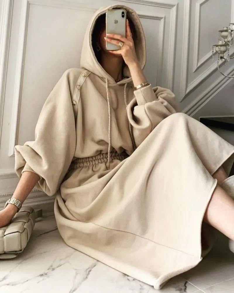 Puff Sleeve Hooded Hoodies Sweatshirts Coat Midi Dresses