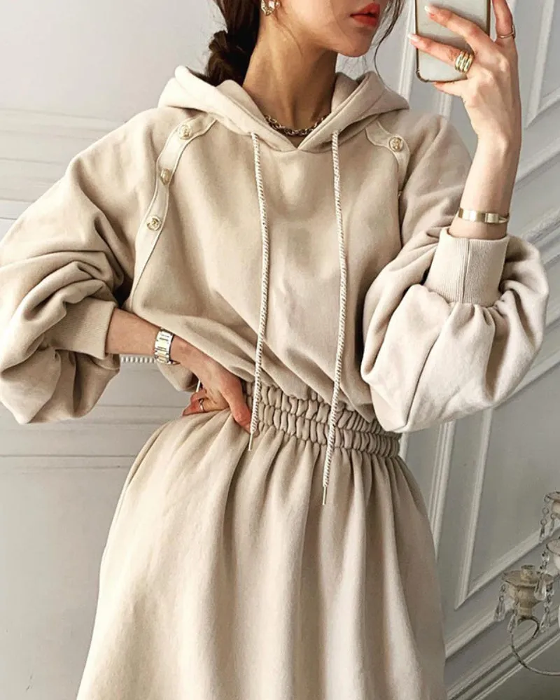 Puff Sleeve Hooded Hoodies Sweatshirts Coat Midi Dresses