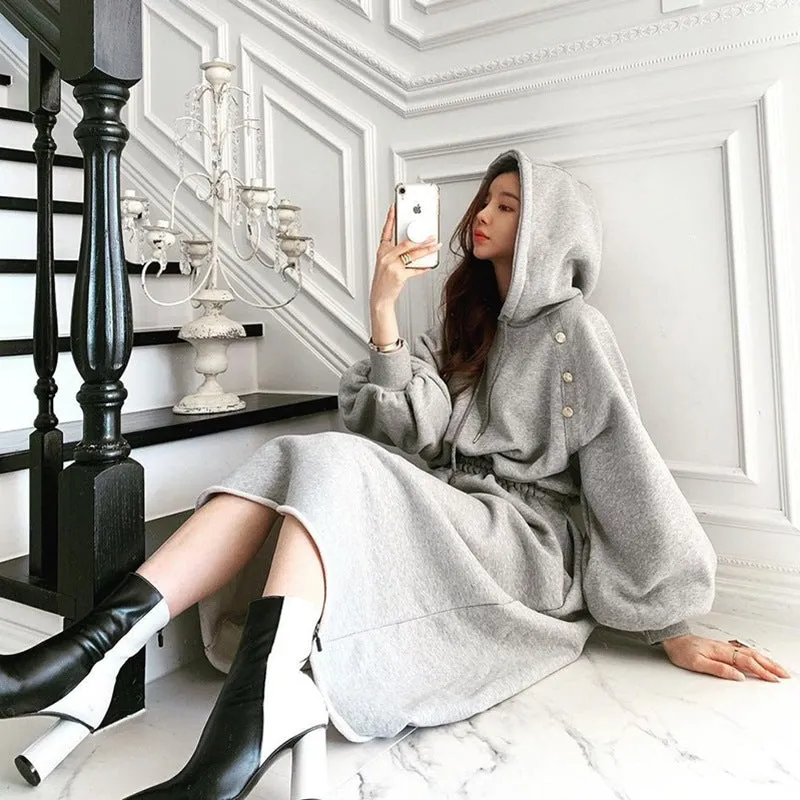Puff Sleeve Hooded Hoodies Sweatshirts Coat Midi Dresses