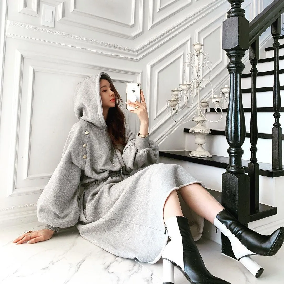 Puff Sleeve Hooded Hoodies Sweatshirts Coat Midi Dresses