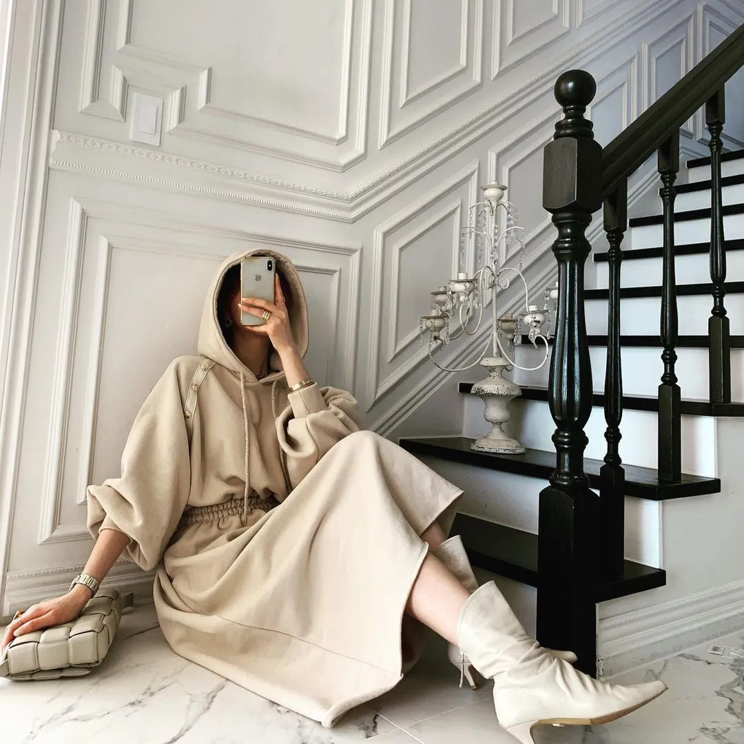 Puff Sleeve Hooded Hoodies Sweatshirts Coat Midi Dresses