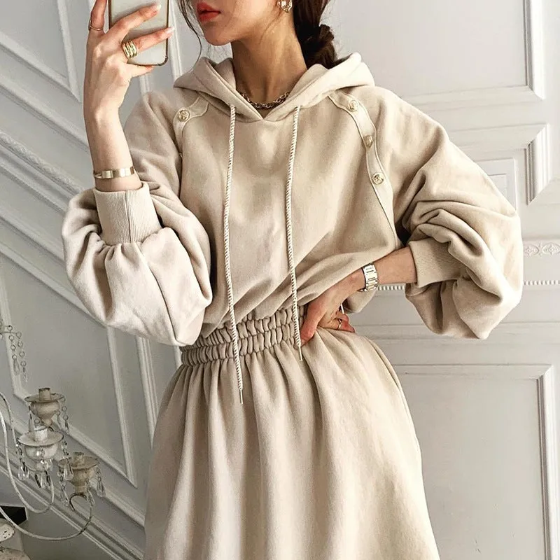 Puff Sleeve Hooded Hoodies Sweatshirts Coat Midi Dresses