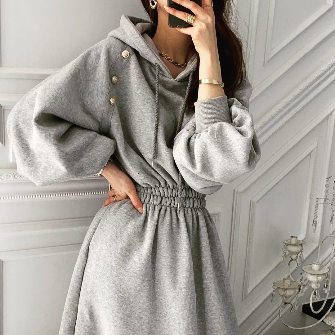Puff Sleeve Hooded Hoodies Sweatshirts Coat Midi Dresses