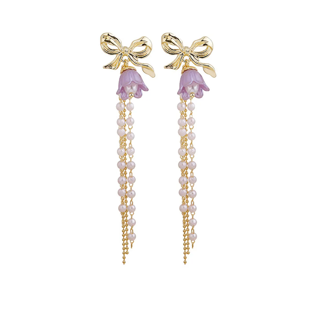 Purple Acrylic & Pearl 18K Gold-Plated Bow Flower Tassel Drop Earrings