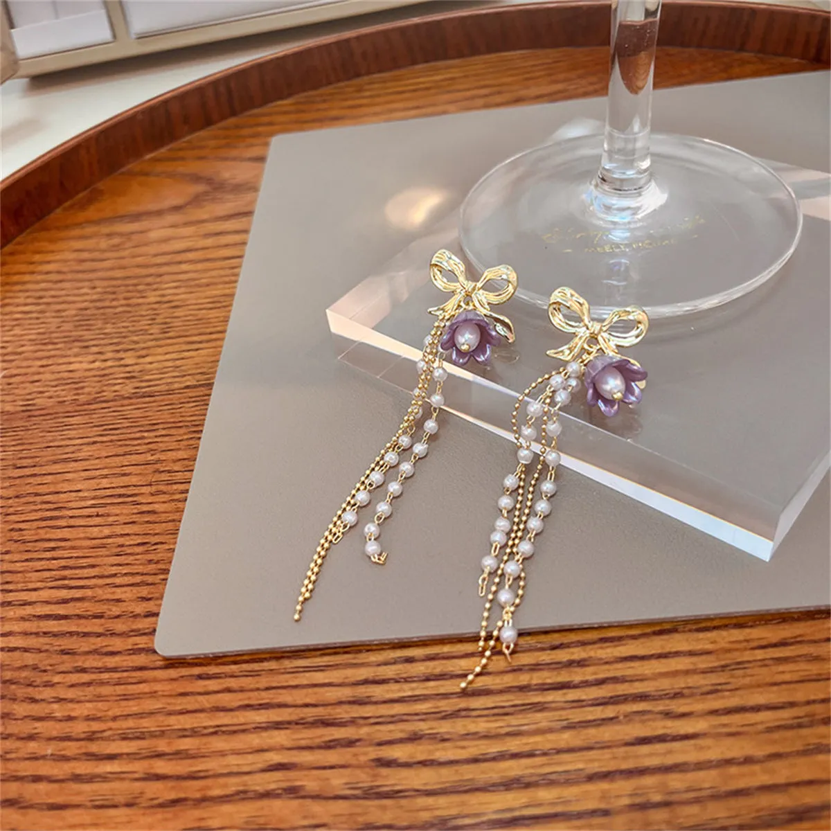 Purple Acrylic & Pearl 18K Gold-Plated Bow Flower Tassel Drop Earrings