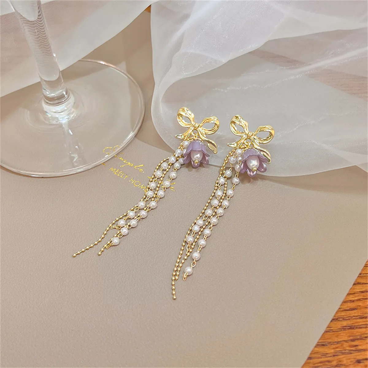 Purple Acrylic & Pearl 18K Gold-Plated Bow Flower Tassel Drop Earrings