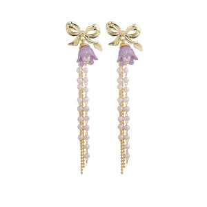 Purple Acrylic & Pearl 18K Gold-Plated Bow Flower Tassel Drop Earrings