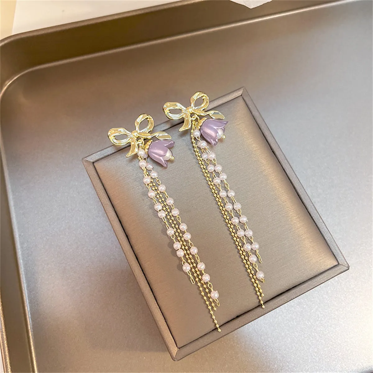 Purple Acrylic & Pearl 18K Gold-Plated Bow Flower Tassel Drop Earrings