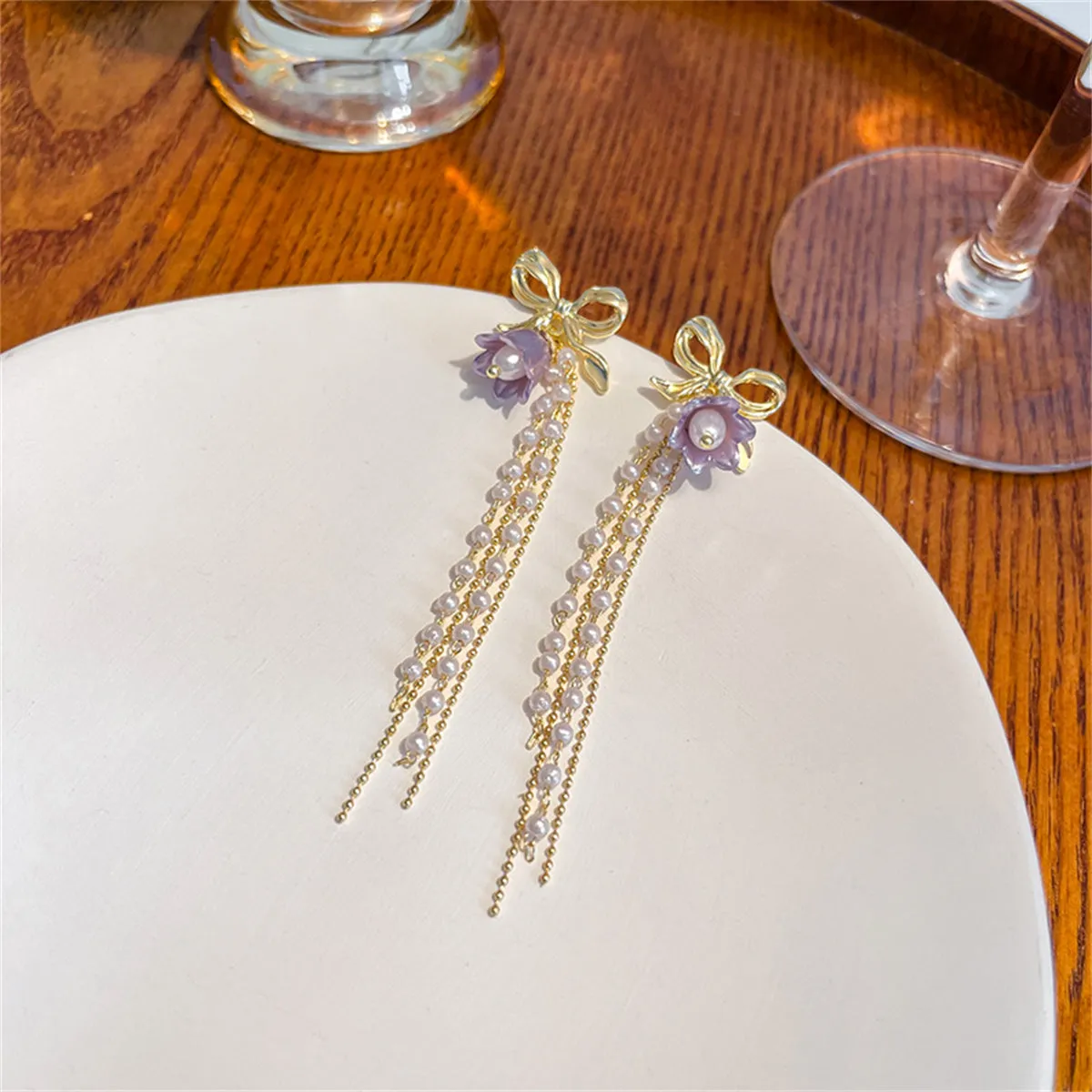 Purple Acrylic & Pearl 18K Gold-Plated Bow Flower Tassel Drop Earrings