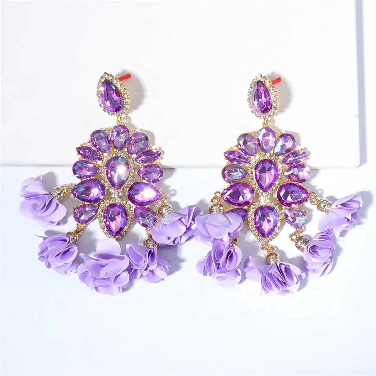 Purple Crystal & Cubic Zirconia Silk 18K Gold-Plated Floral Tassel Drop Earrings