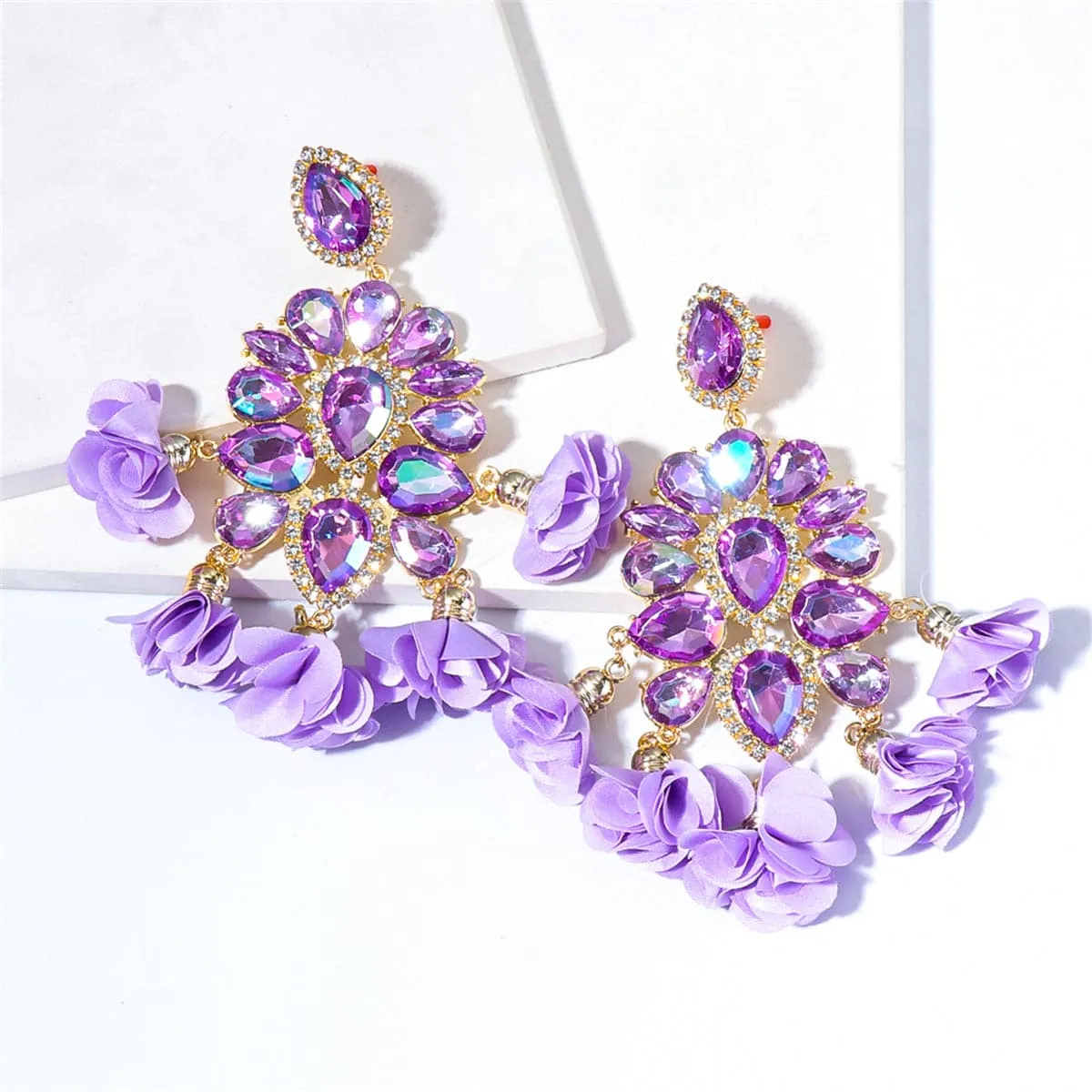 Purple Crystal & Cubic Zirconia Silk 18K Gold-Plated Floral Tassel Drop Earrings