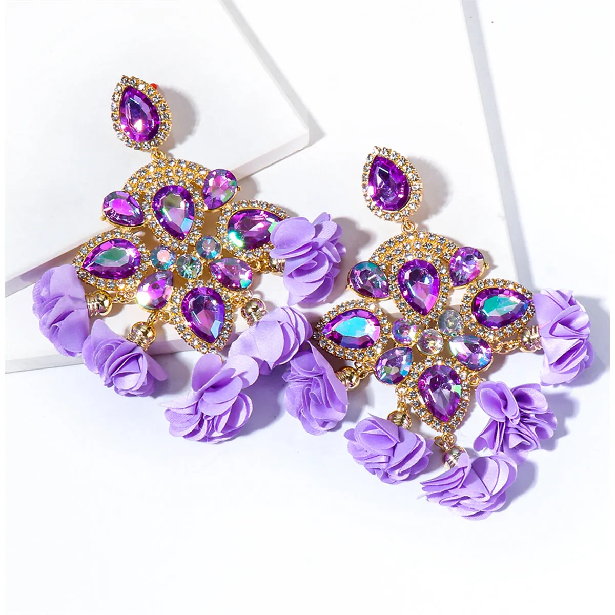 Purple Crystal & Cubic Zirconia Silk 18K Gold-Plated Floral Tassel Drop Earrings