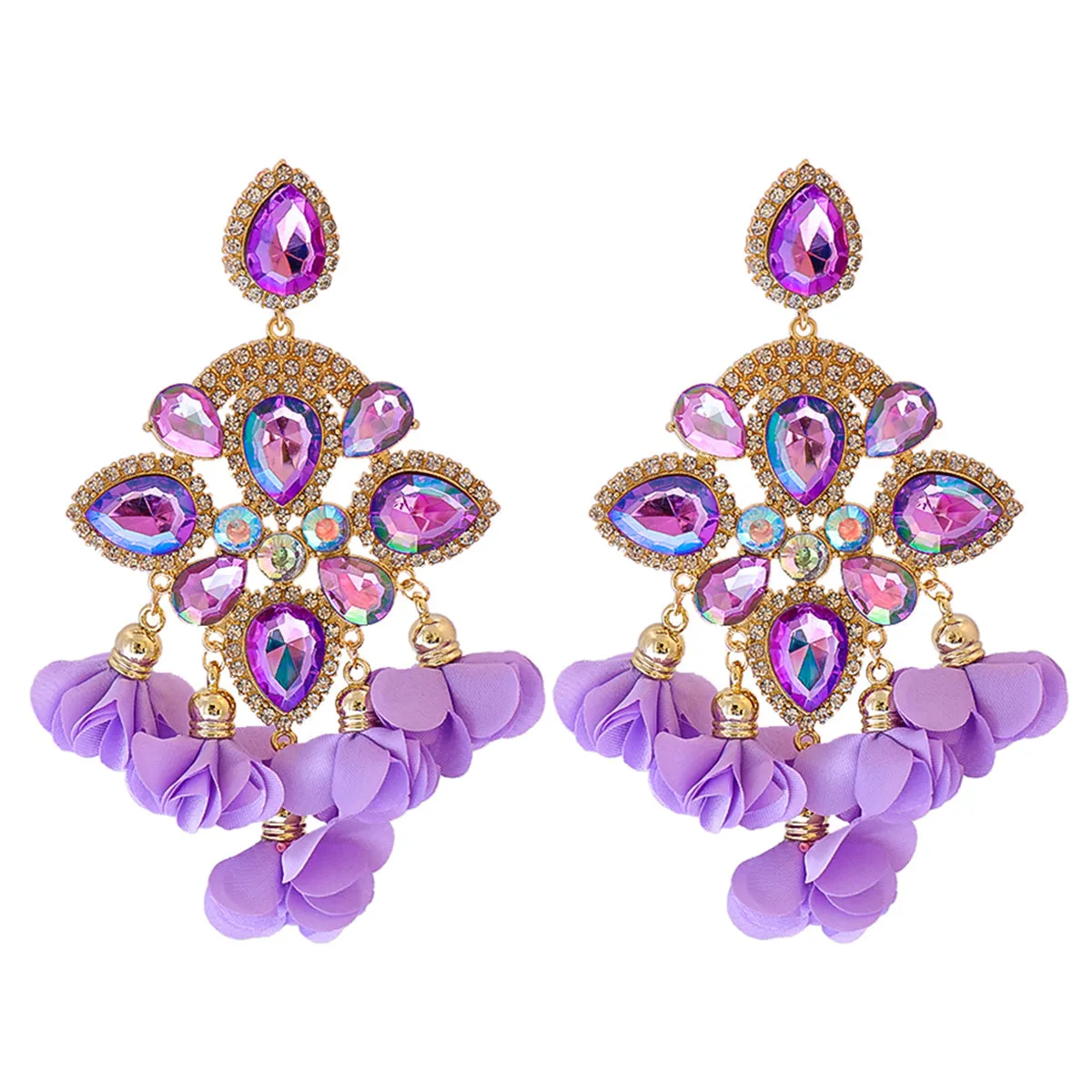 Purple Crystal & Cubic Zirconia Silk 18K Gold-Plated Floral Tassel Drop Earrings