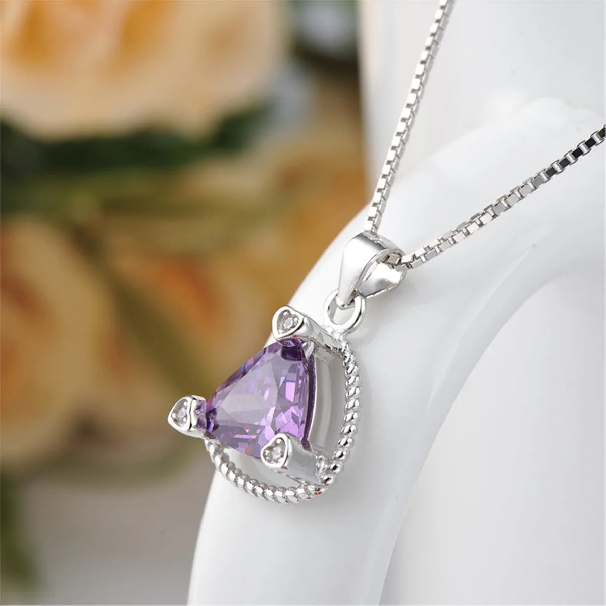 Purple Crystal & Silver-Plated Triangle Frame Pendant Necklace
