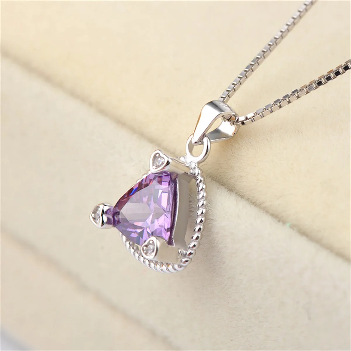 Purple Crystal & Silver-Plated Triangle Frame Pendant Necklace