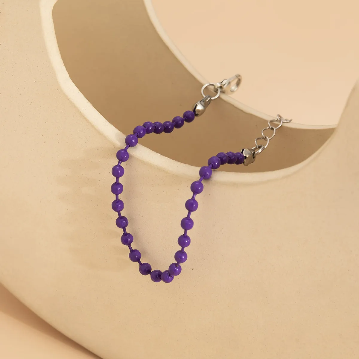 Purple Enamel & Silver-Plated Beaded Chain Adjustable Bracelet