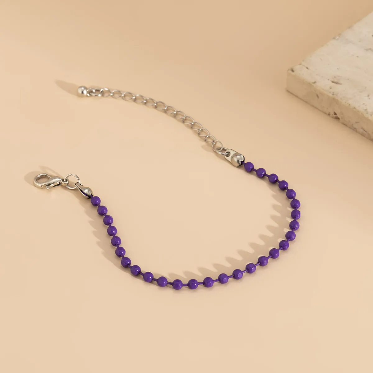 Purple Enamel & Silver-Plated Beaded Chain Adjustable Bracelet