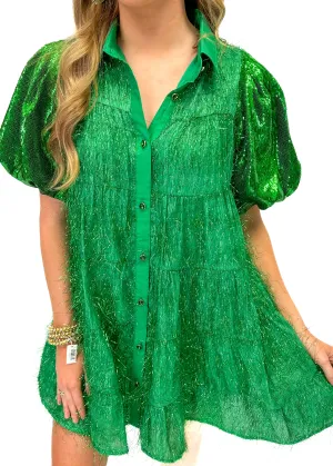 Queen of Sparkles Green Tinsel Sequin Sleeve Dress