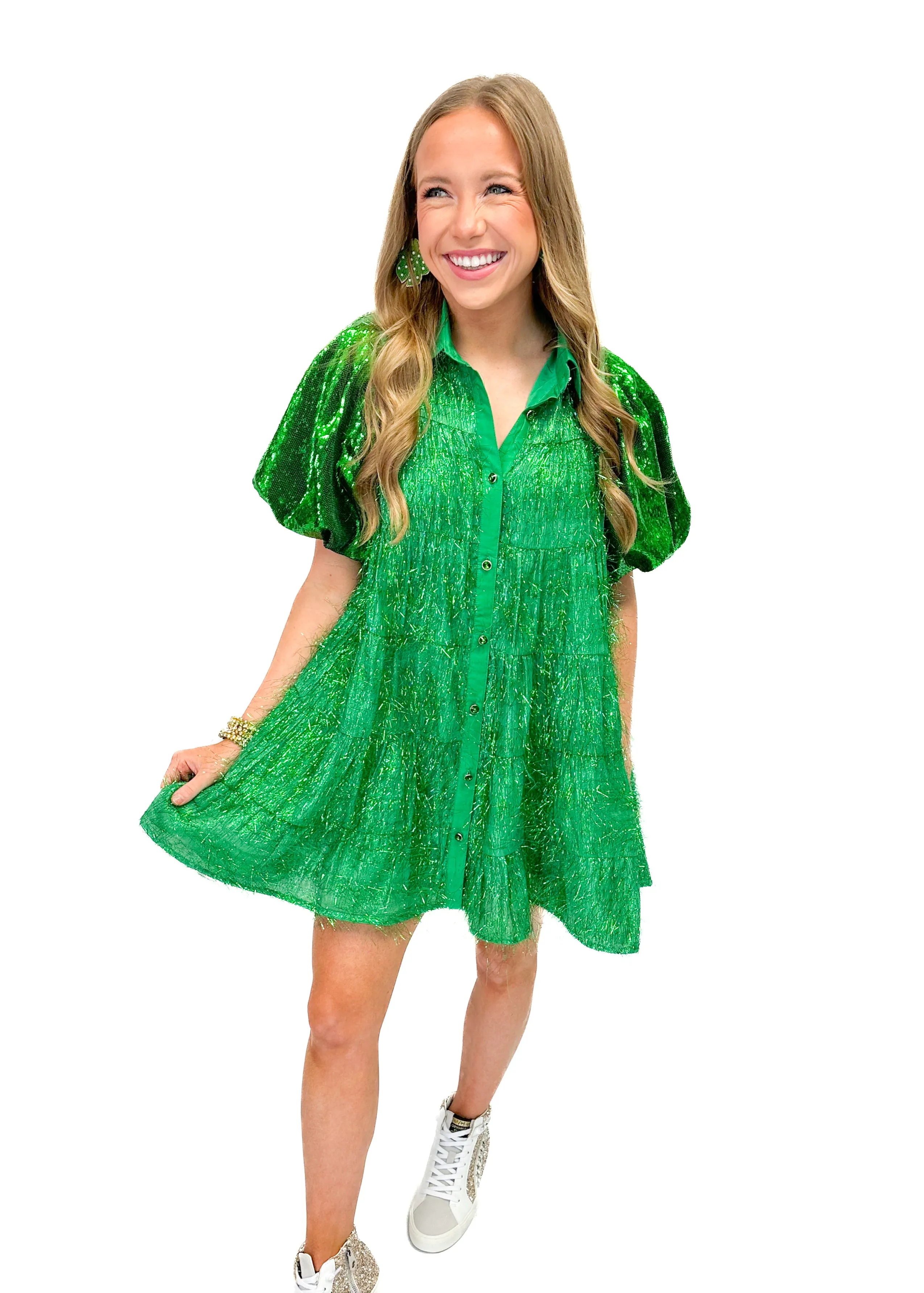 Queen of Sparkles Green Tinsel Sequin Sleeve Dress