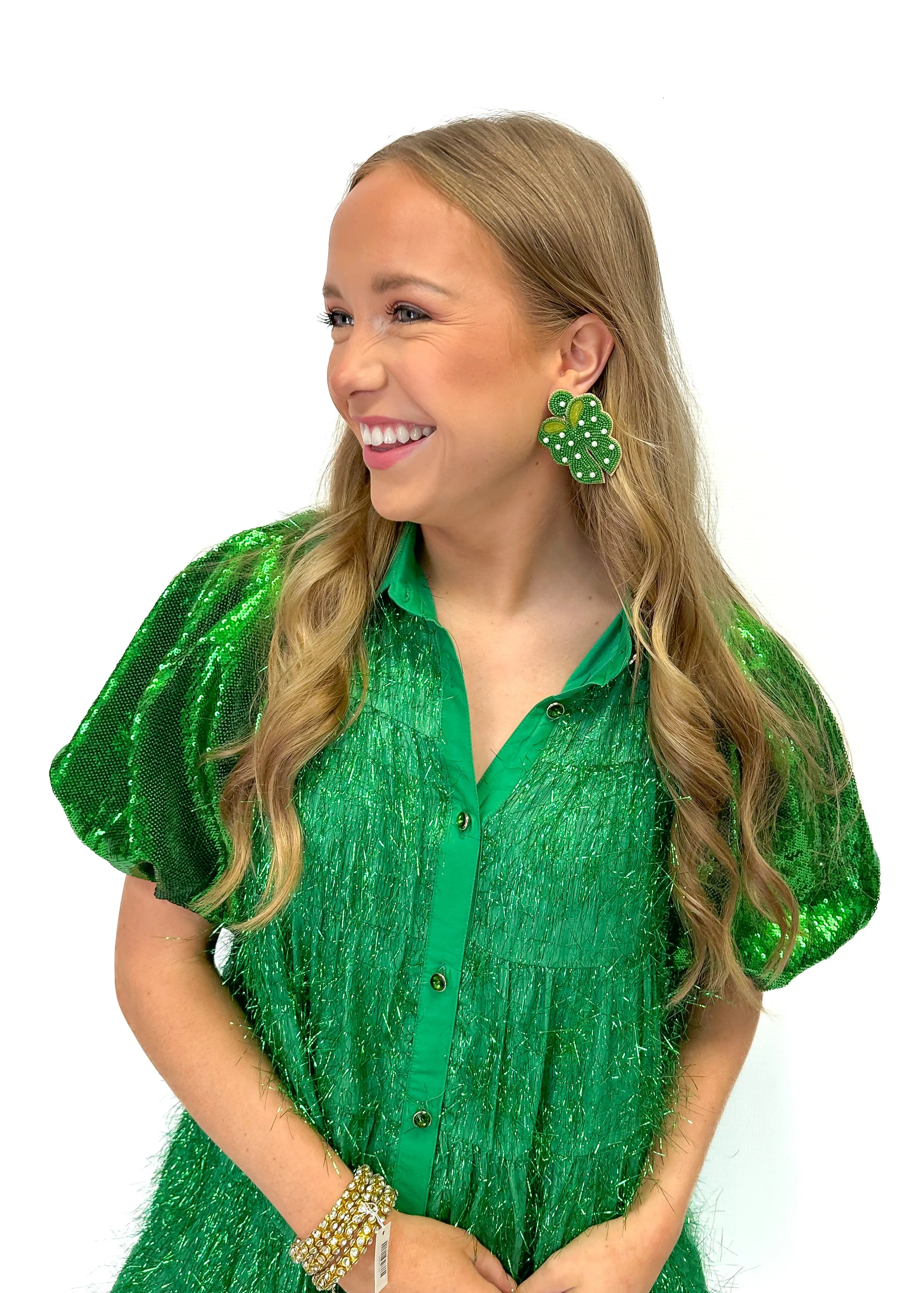 Queen of Sparkles Green Tinsel Sequin Sleeve Dress