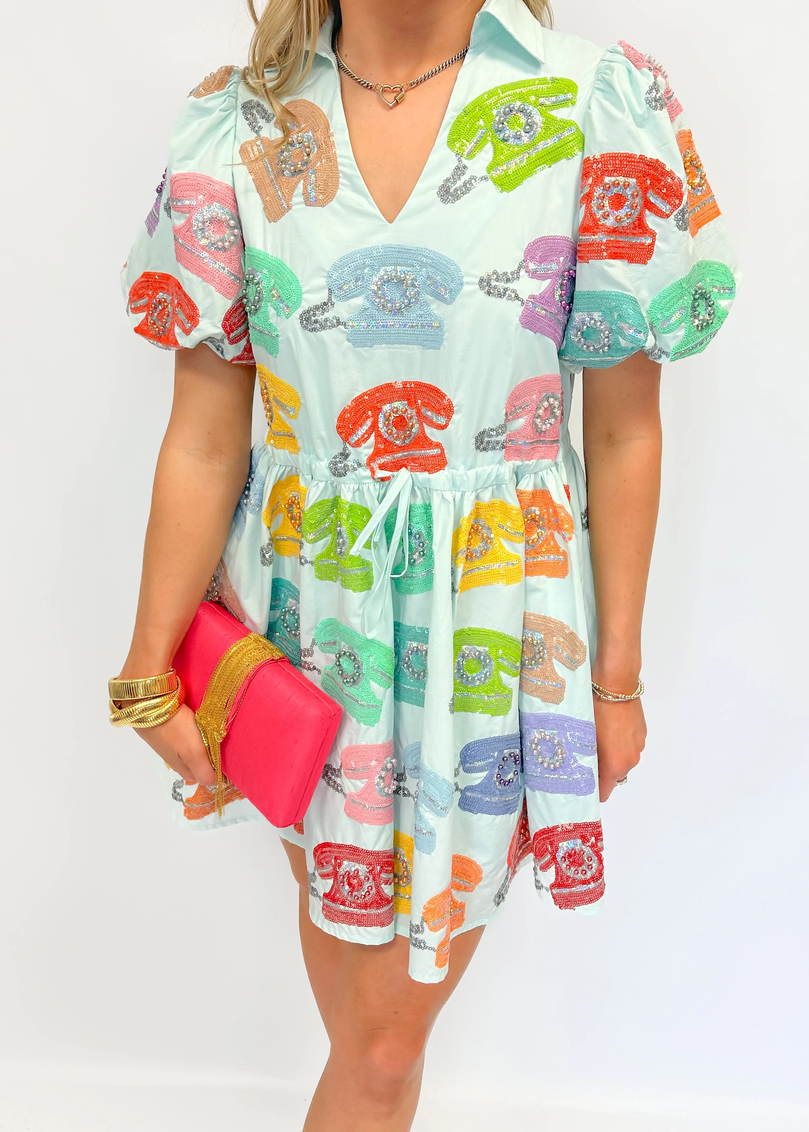 Queen of Sparkles Light Blue Phone Collar Dress