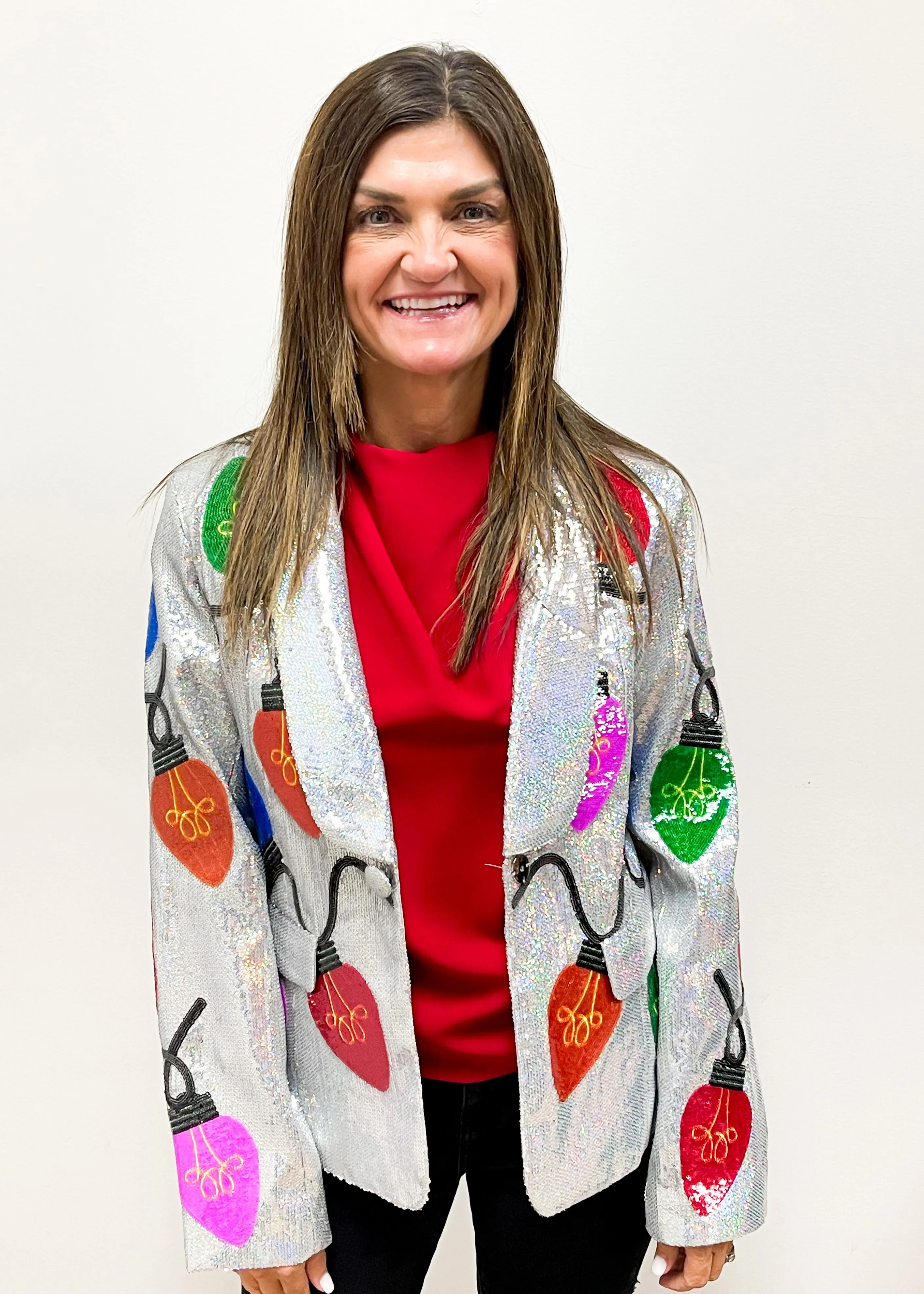 Queen of Sparkles Silver Sequin Christmas Light Blazer