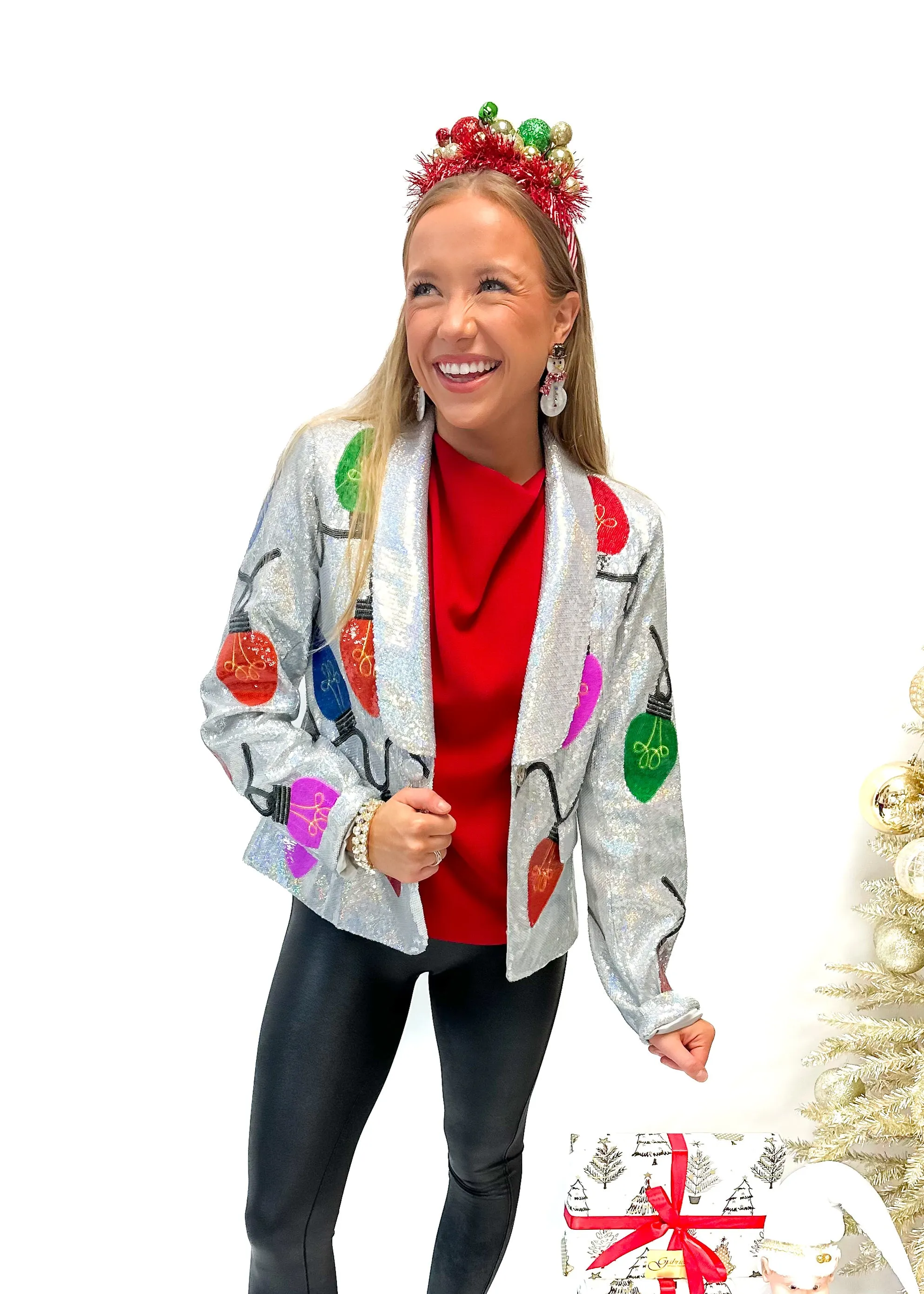 Queen of Sparkles Silver Sequin Christmas Light Blazer