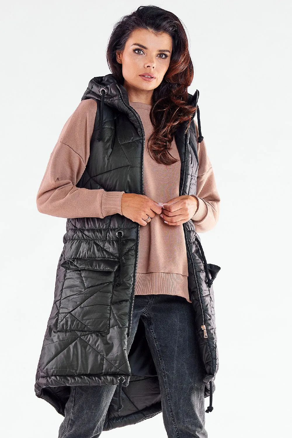 Quilted Hooded Gilet with Waist Drawstrings