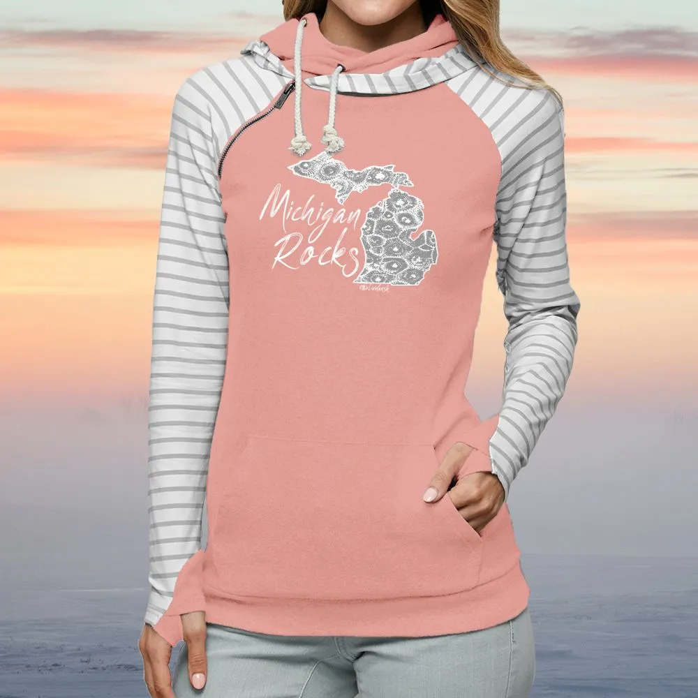 "Michigan Rocks Petoskey Stone" Women's Striped Double Hood Pullover
