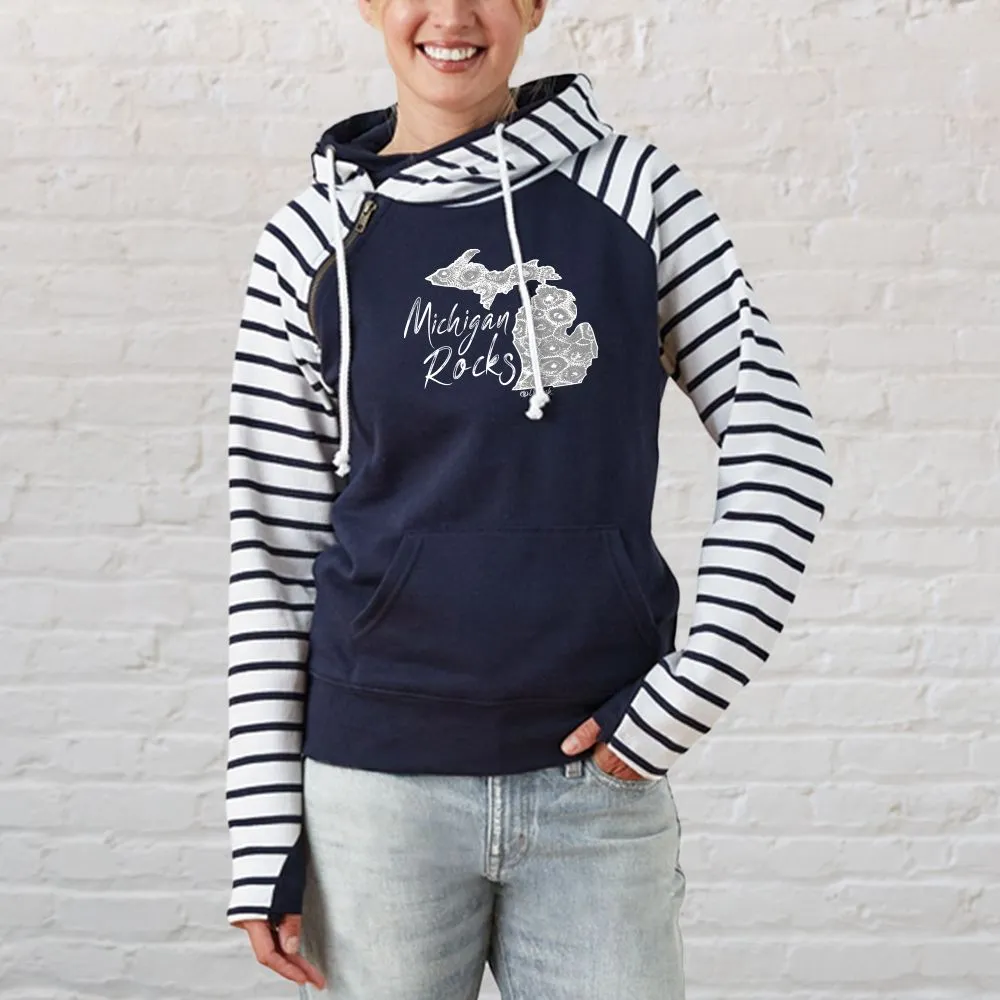 "Michigan Rocks Petoskey Stone" Women's Striped Double Hood Pullover