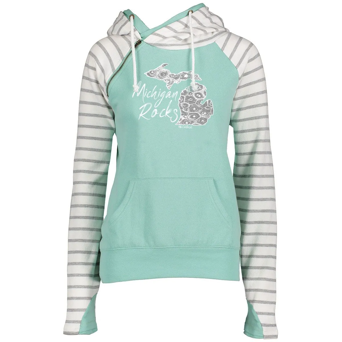"Michigan Rocks Petoskey Stone" Women's Striped Double Hood Pullover